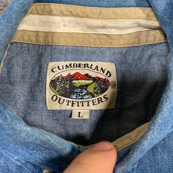 Cumberland Outfitters Mens Large Denim Short Sleeve Button Up Shirt Blue Stripe - Picture 4 of 6